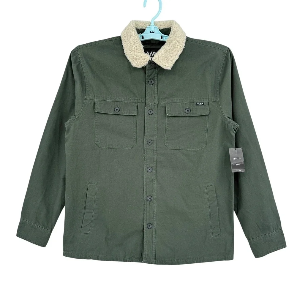 RVCA Mens Green Range Jacket Shacket Sherpa Collar Buttons Lined Size Medium NWT